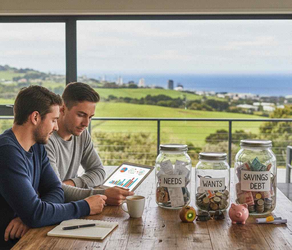 Two men reviewing a budget on a tablet next to three labelled jars for 50/30/20 budgeting: Needs, Wants, and Savings Debt. Image represents personal finance strategy for the high New Zealand cost of living.