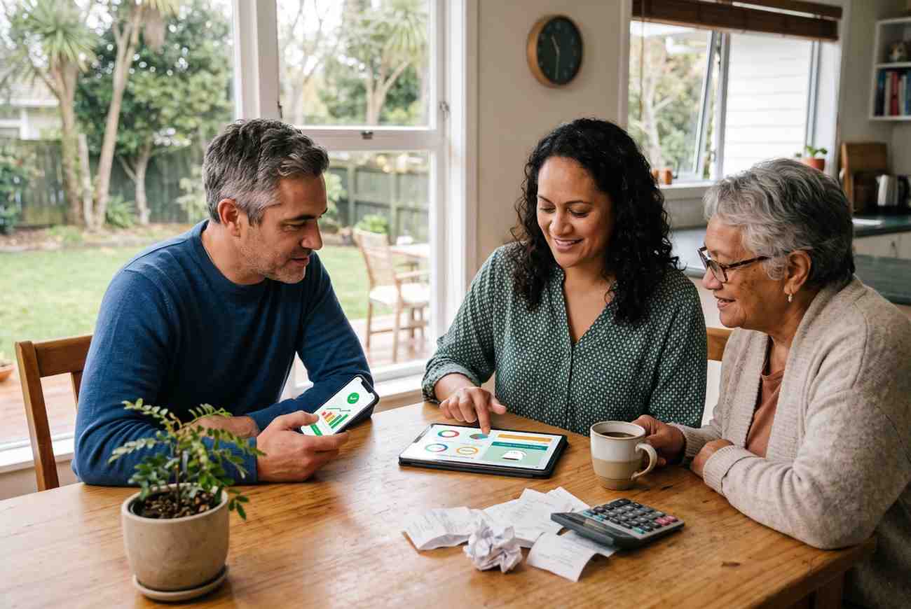 Three family members sitting at a table with a tablet and smartphone, demonstrating how AI is changing personal finance for Kiwi families. In the foreground, crumpled receipts and a calculator contrast with the digital finance apps being used on the devices.