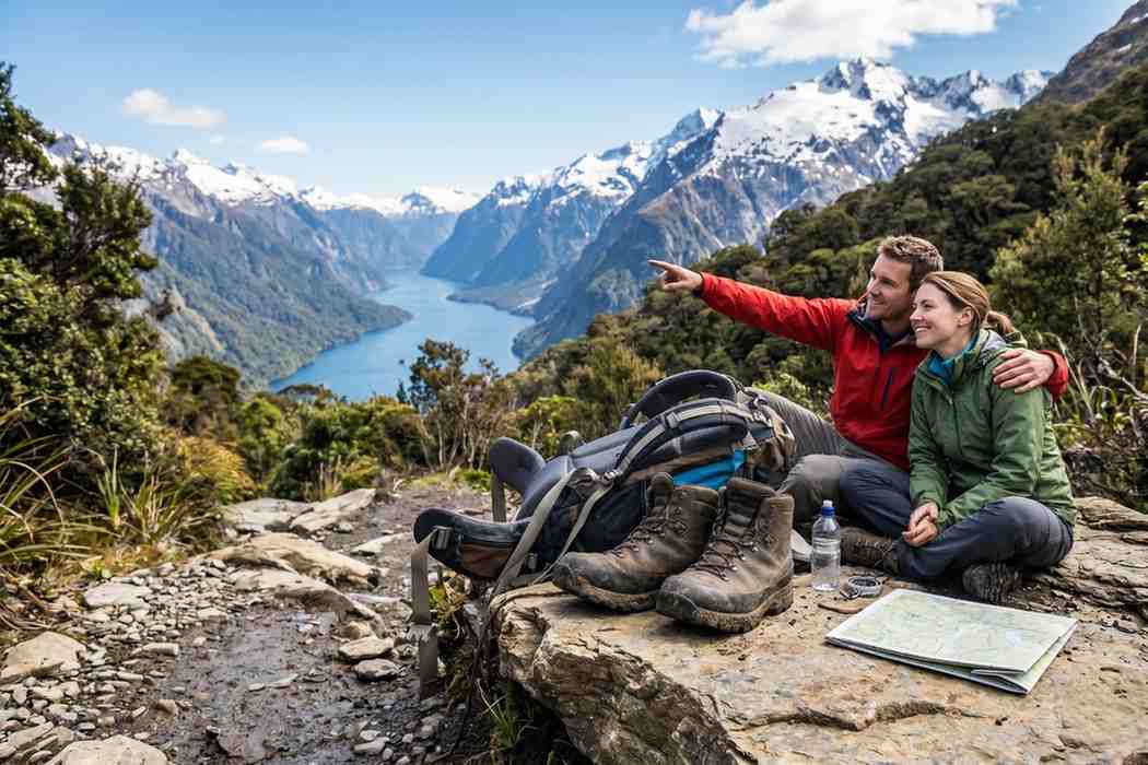 Hikers resting on a ridge overlooking a scenic New Zealand valley, showcasing outdoor gear and trails financed with travel loans.