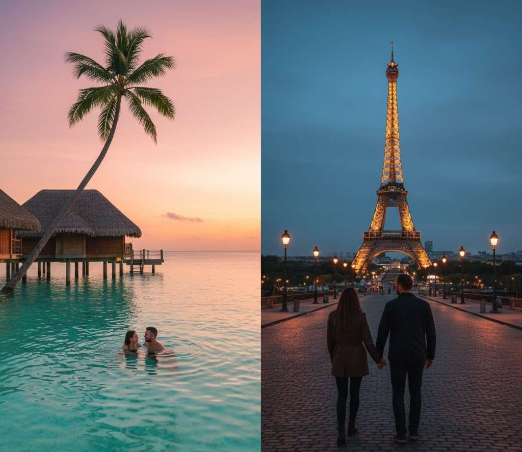 Budgeting Kiwi summer travel. A split image showing the two options for a summer vacation: on the left, a couple swims in a turquoise lagoon with an overwater bungalow at sunset (Pacific Island escape); on the right, a couple holds hands walking towards the illuminated Eiffel Tower at night