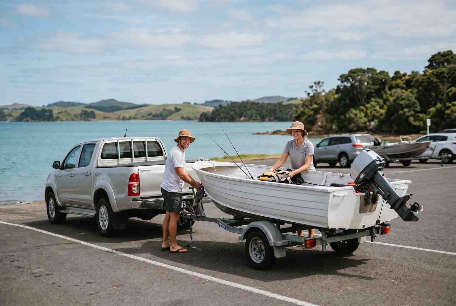 A Kiwi couple preparing their first boat or jet ski on a trailer at an NZ boat ramp