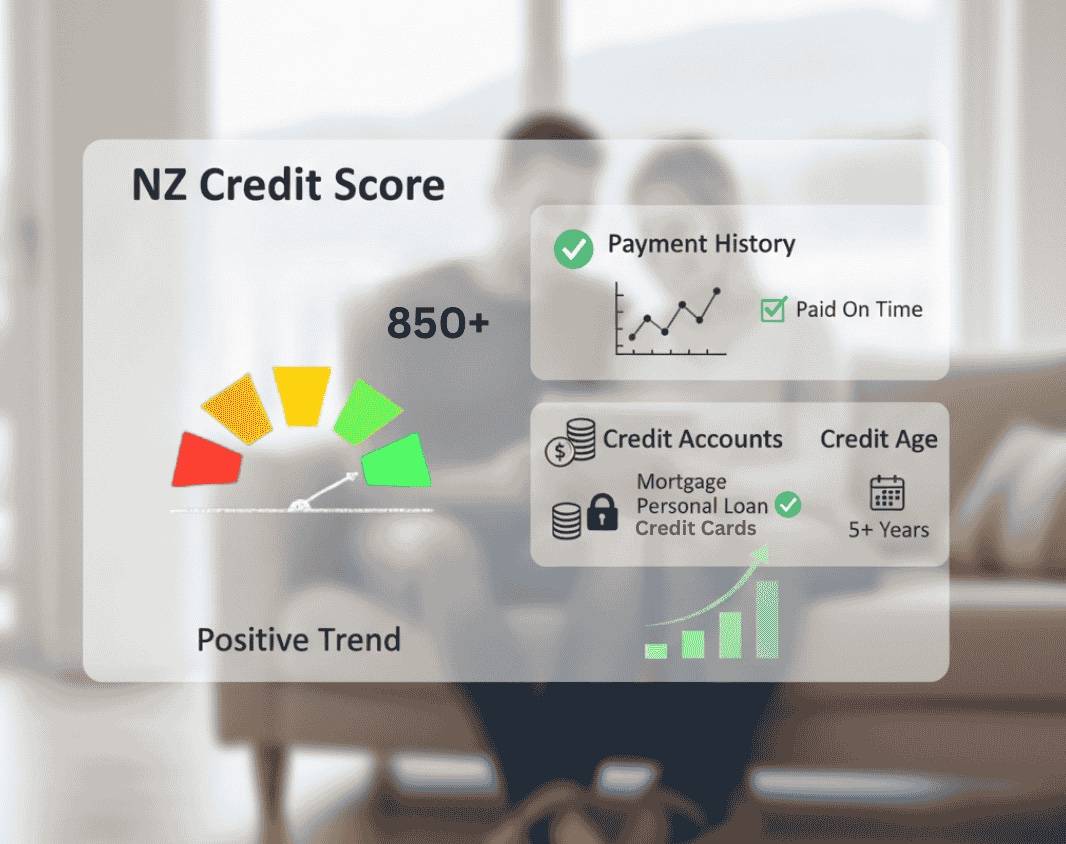 Diagram showing an NZ Credit Score of 850+, a positive trend, on-time payment history, credit accounts (mortgage, personal loan, credit cards), and a credit age of 5+ years while impacting the Comprehensive Credit Reporting (CCR).