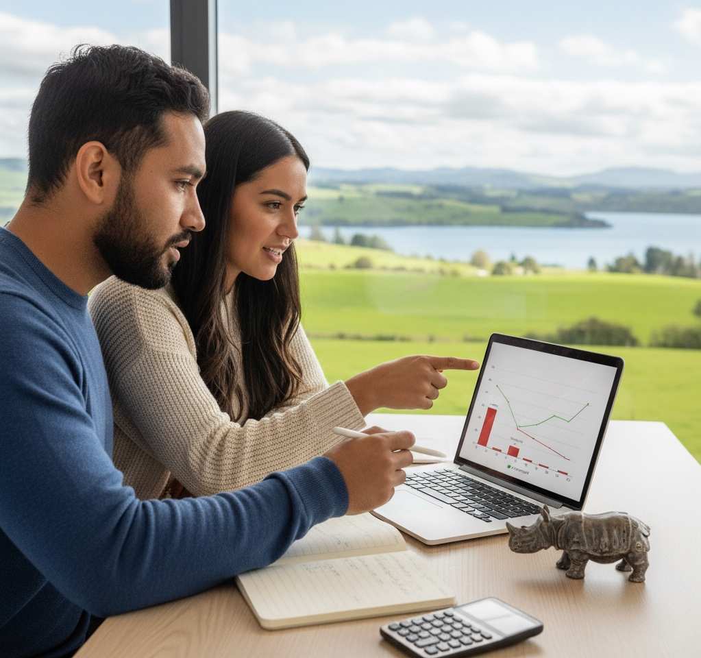 Couple reviewing loan repayment strategy chart on laptop for faster principal payoff and debt reduction.