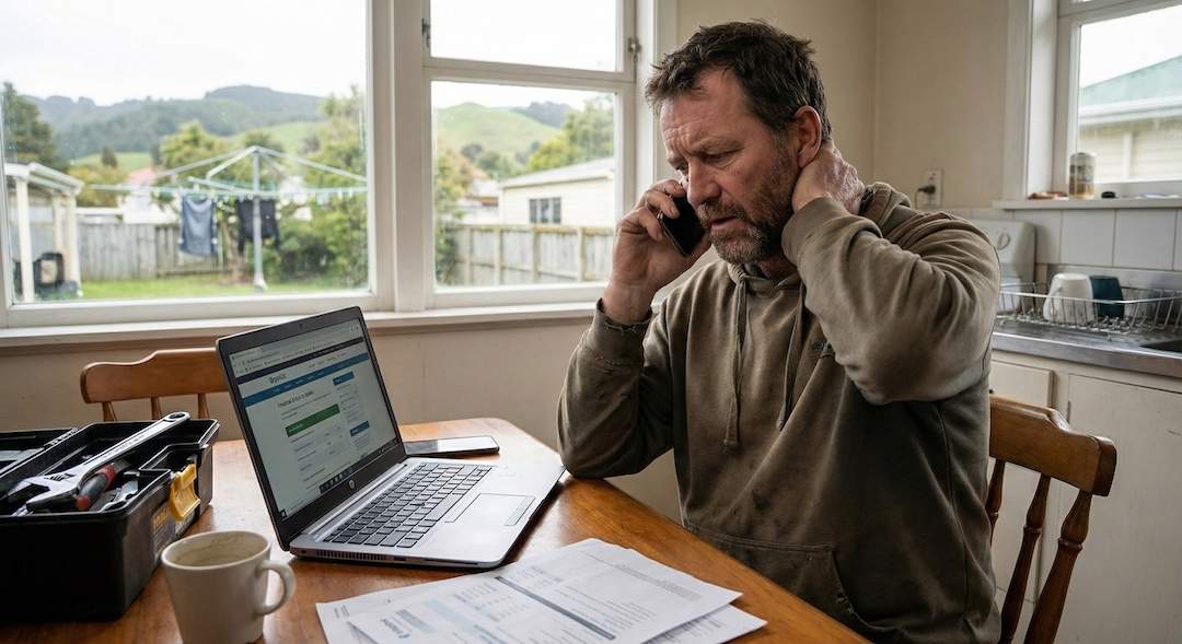 Stressed New Zealand man with open toolbox and laptop researching urgent personal loans during a financial emergency.