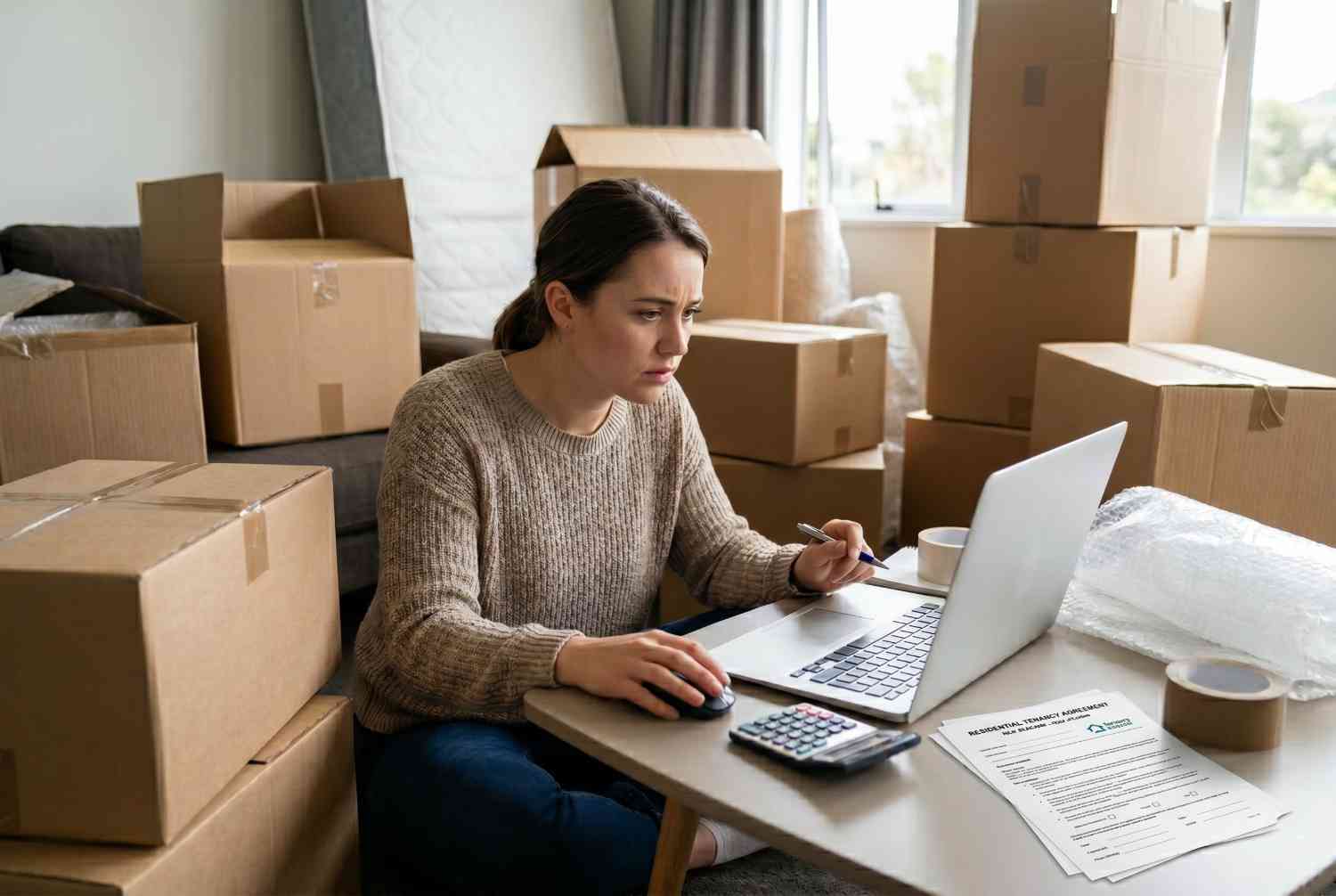 Stressed woman surrounded by packing boxes, calculating her Rental Bond and Moving Costs on a laptop.