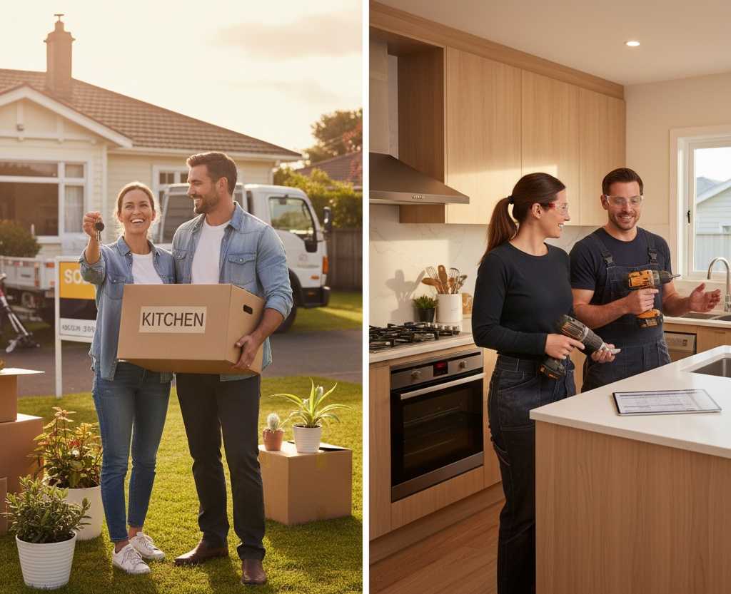 Happy Kiwi couple getting keys to new home with moving boxes, and later renovating their kitchen with a drill. Home moving and home renovation budget.