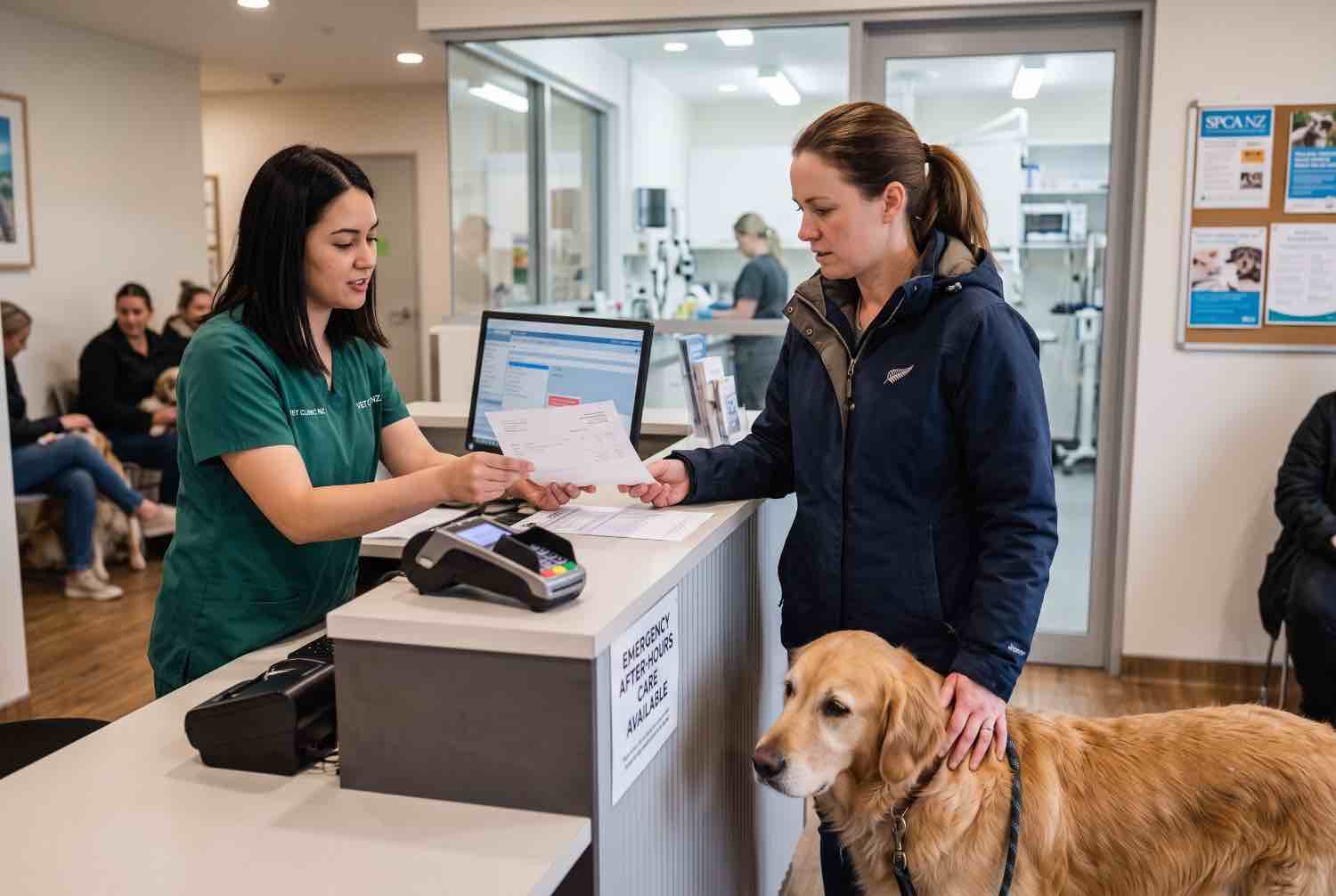 Pet owner with a Golden Retriever reviewing a clinic estimate at the reception desk for insights on vet surgery costs NZ.