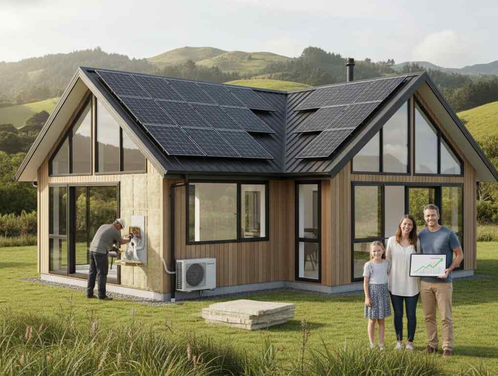 Kiwi family stands proudly in front of their new solar panel-equipped eco-home, featuring modern wood cladding and double glazing, while a technician works on the outdoor heat pump unit.
