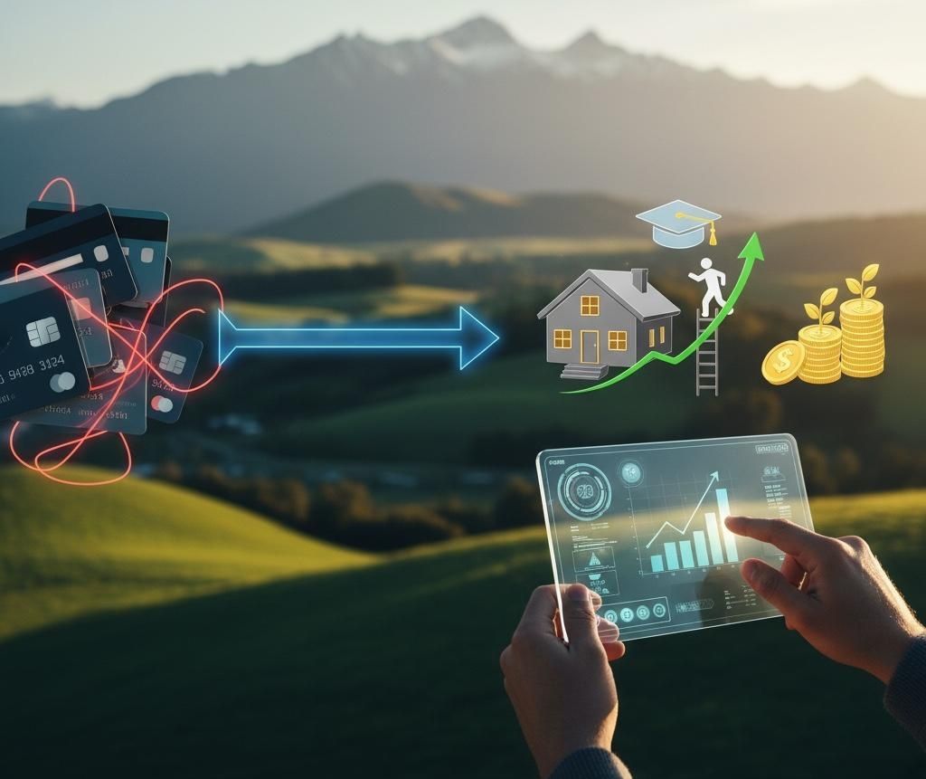 Symbolic image showing a personal loans as a tool to consolidate high-interest credit card debt and invest in wealth-building assets like home improvements, education, and savings.