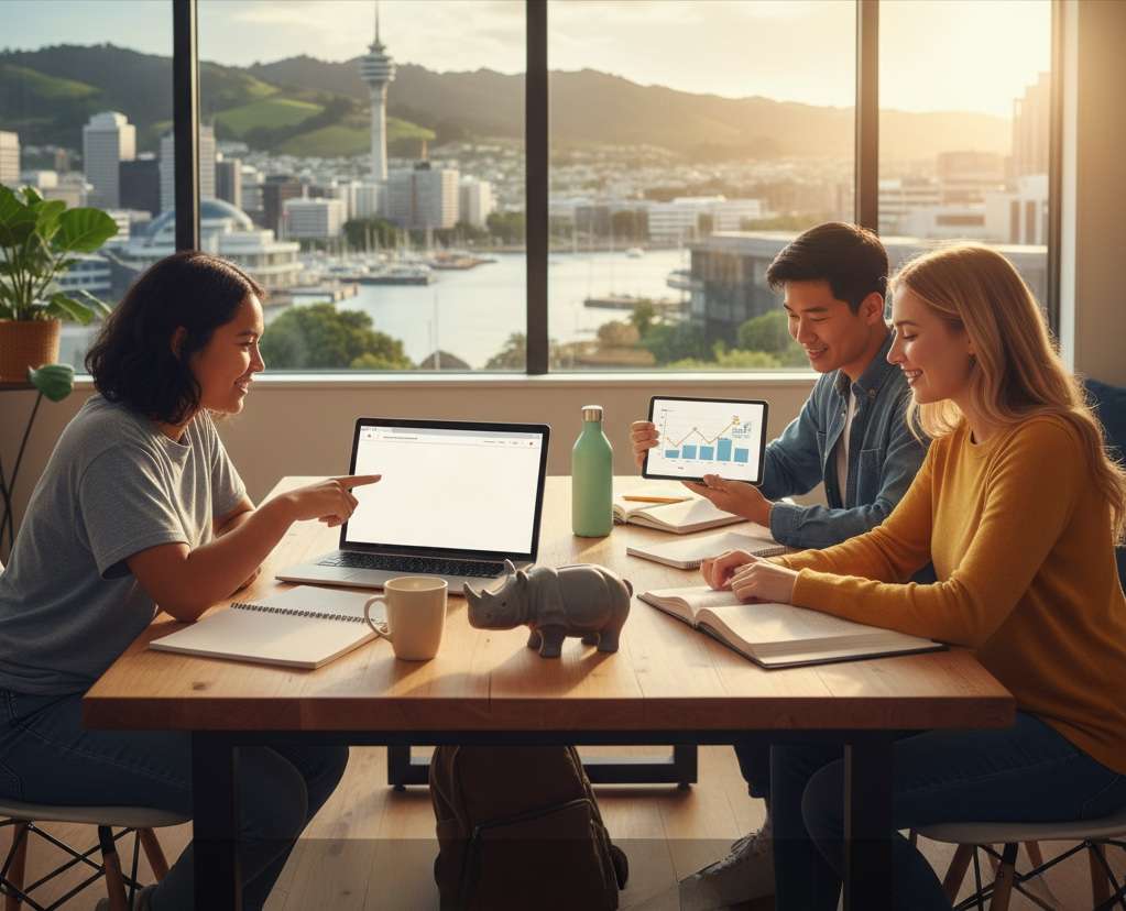 Three diverse professionals collaborating on laptops and tablets in a modern study space overlooking Wellington, New Zealand, representing skill upgrades.
