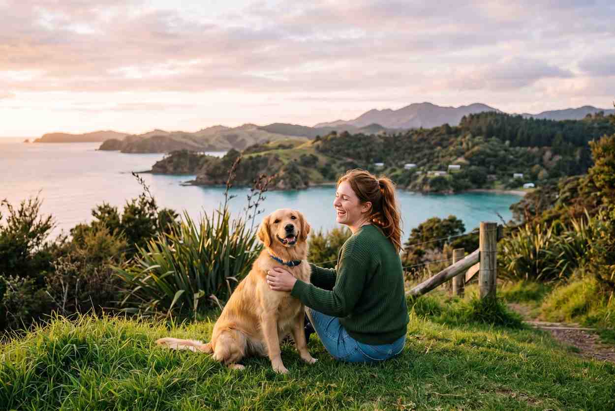Young woman smiling and holding a golden retriever dog on a grassy overlook with a scenic New Zealand coastal bay background, relevant to pet friendly holidays NZ planning.