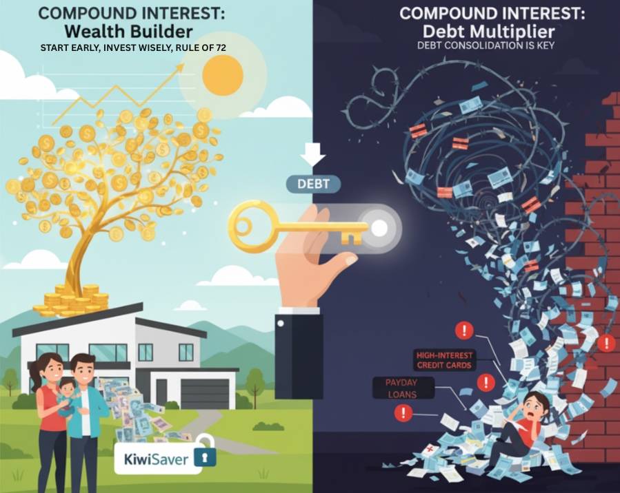 Illustrated comparison showing Compound Interest as a Wealth Builder (represented by a golden money tree, a family, and a house, with the KiwiSaver logo) on the left, and as a Debt Multiplier (a person crushed by spiraling high-interest debt/credit cards) on the right.