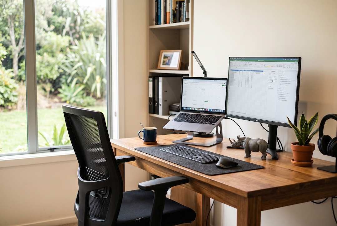 A clean and productive WFH space setup featuring an ergonomic chair, dual screens and natural lighting