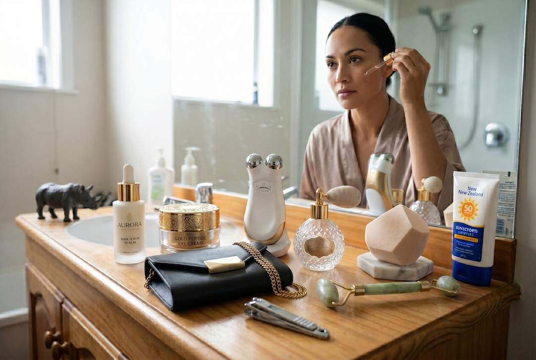 A Kiwi woman navigating the rising costs of personal grooming and self-care in NZ by using high-quality home beauty tools and serums at her vanity.