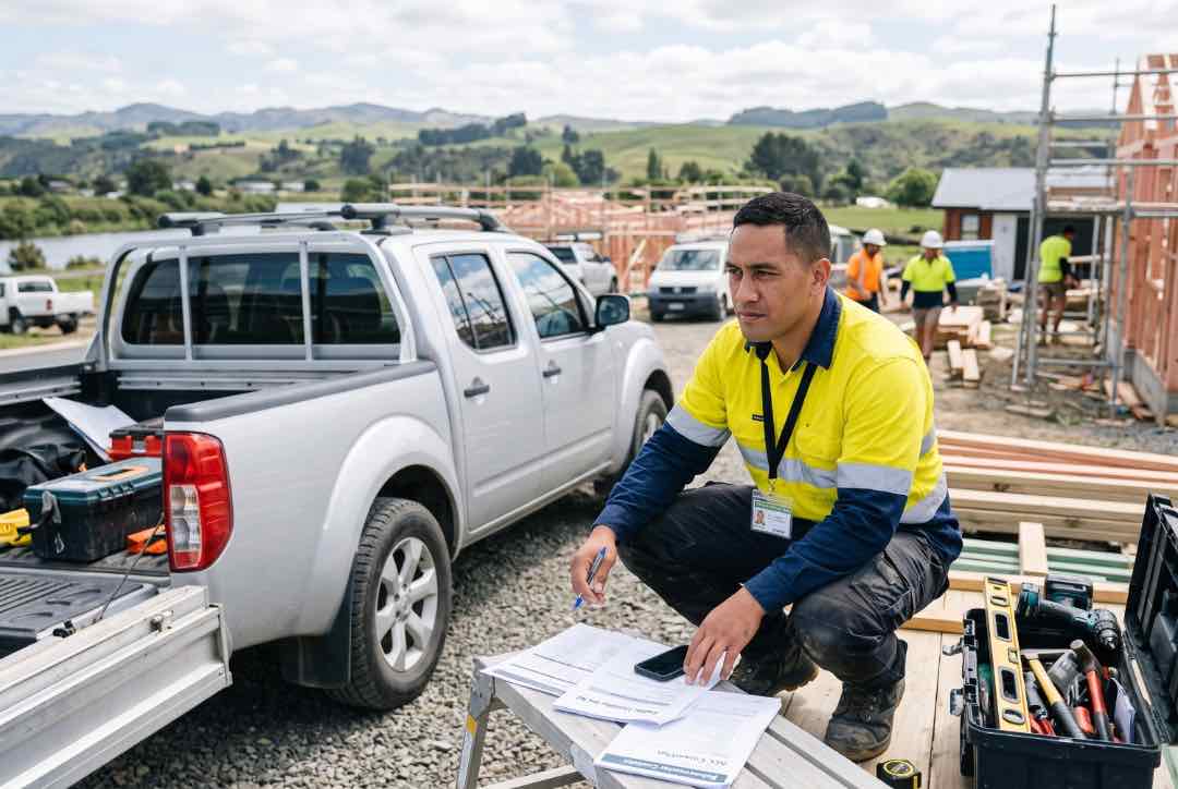 Alt Text Sole Trader Startup Costs NZ Tradie Guide: Self-employed Kiwi contractor reviewing budget and compliance paperwork next to a ute and tools on a residential building site.