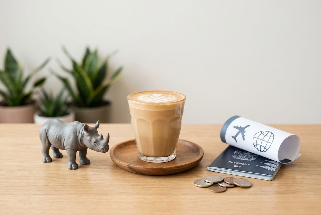 A flat white coffee next to a New Zealand passport, coins, flight ticket, and a Rhino Solutions toy, representing ways to save for international airfares.