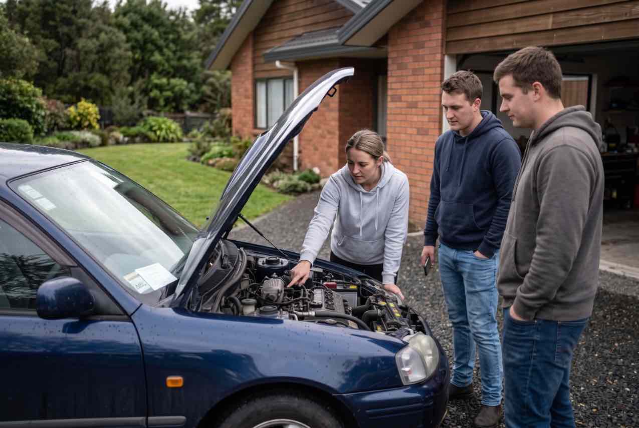 Kiwi car buyers inspecting the engine bay before buying a used car in New Zealand