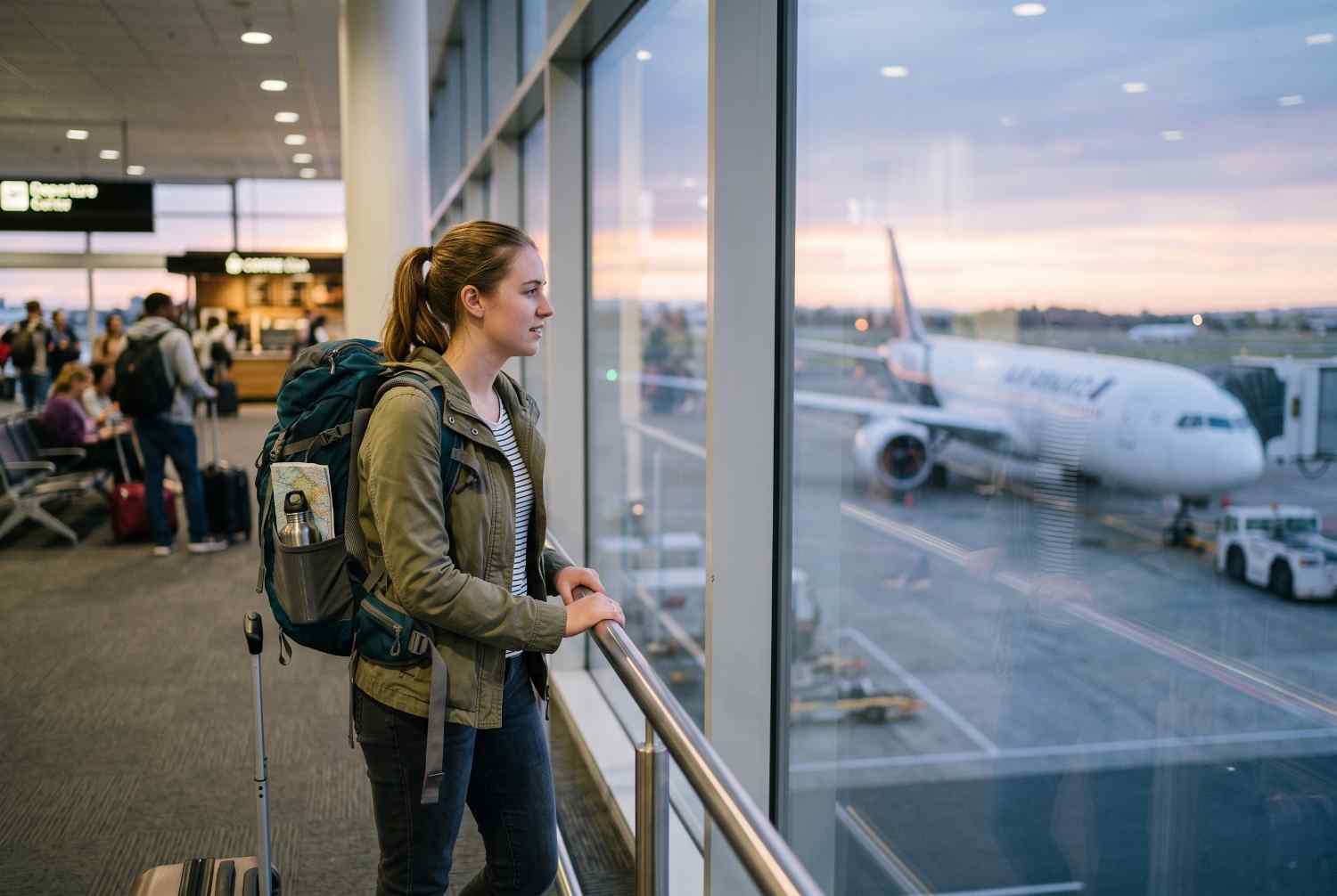 A young woman with a backpack and suitcase stands alone in an airport looking at a plane, illustrating a Kiwi heading overseas alone for the first time.