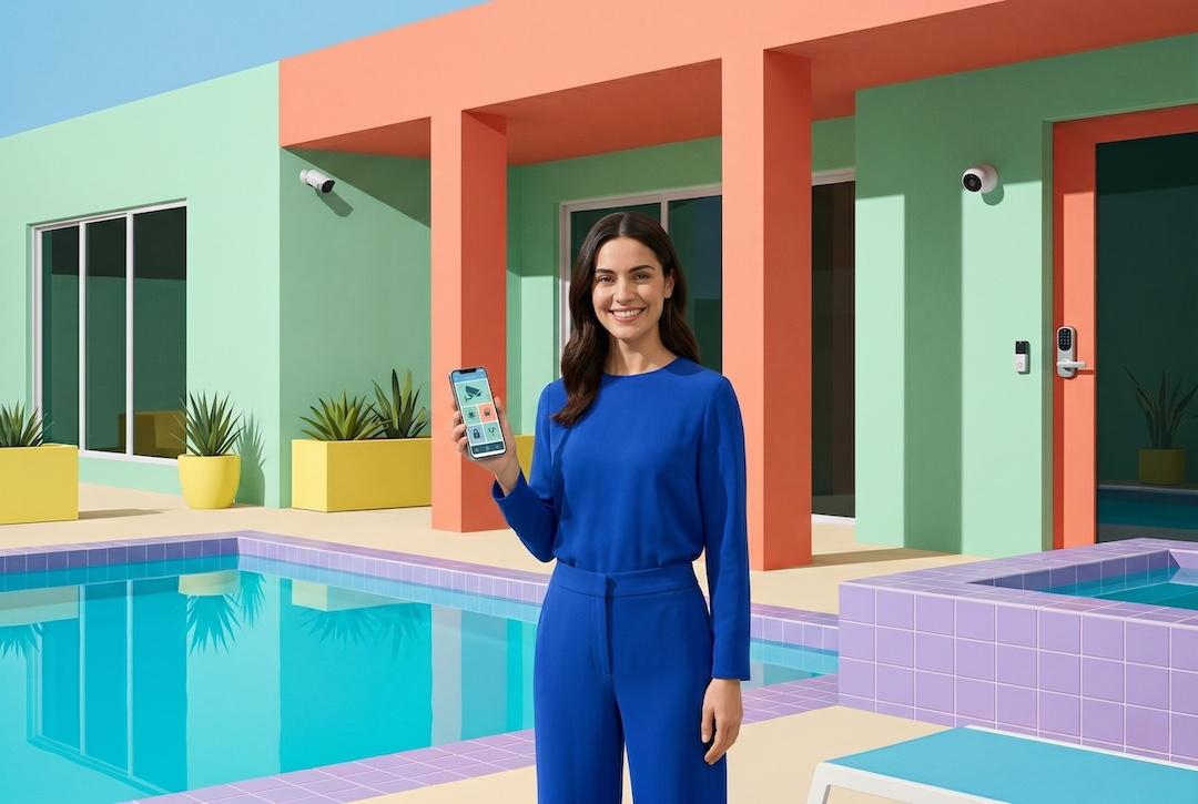 woman managing a high-tech home security system via a smartphone app at a modern New Zealand home with outdoor cameras and a smart lock.