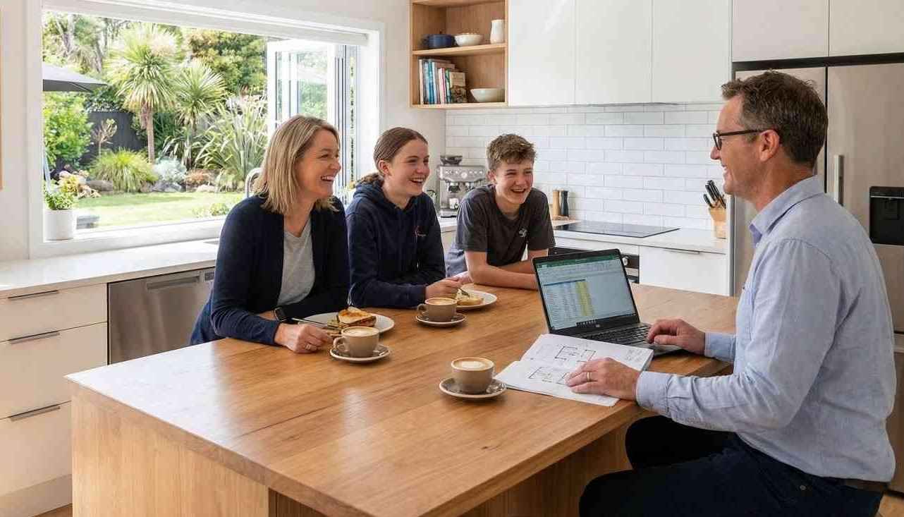 Family meeting with a financial advisor or builder at a wooden kitchen island, Discussing Kitchen renovation costs and planning a renovation on a laptop in a modern Kiwi home.