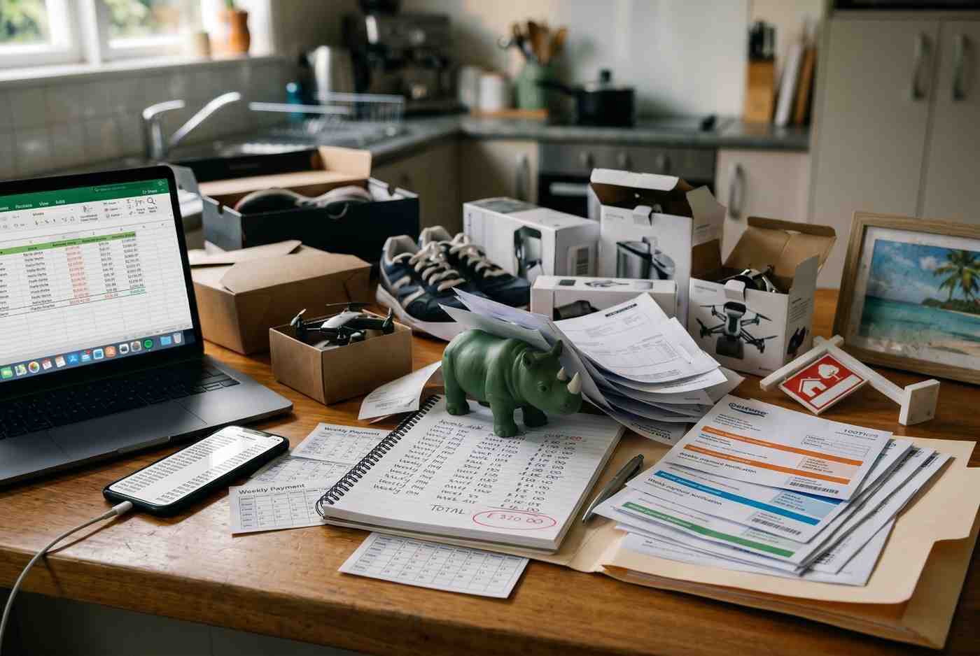 A cluttered desk with receipts and a rhino bank showing the impact of small weekly payments on a household budget.